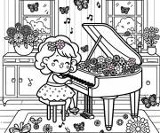 Coloriage Fille pianiste dans sa chambre magique
