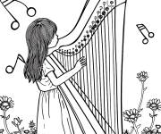 Coloriage Harpe dans le champ de fleurs