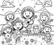 Coloriage Les enfants joyeux pendant la f&ecirc;te de musique