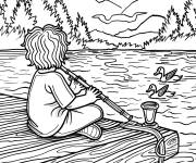 Coloriage M&eacute;lodie de fl&ucirc;te au bord du lac