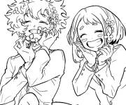 Coloriage Ochako Uraraka et Mina Ashido avec des fleurs