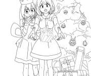 Coloriage Tsuyu Asui et Ochaco Uraraka celebrent le noel