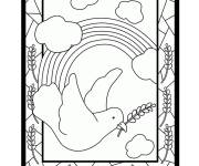 Coloriage Colombe de la paix avec branche d'olivier et arc en ciel