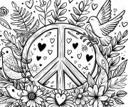 Coloriage et dessins gratuit Des fleurs et des oiseaux autour de signe de la paix à imprimer