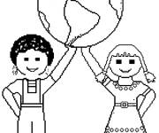 Coloriage Deux enfants tenant la terre pour la paix