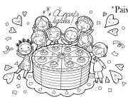 Coloriage Enfants partagent le g&acirc;teau en paix