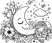 Coloriage et dessins gratuit Fille et croissant de la lune pour la paix à imprimer