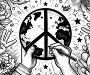Coloriage Les mains dessine le signe de la paix sur la terre