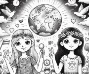 Coloriage Les petites fille c&eacute;l&egrave;brent la paix