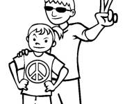 Coloriage P&egrave;re et fille et la signe de victoire