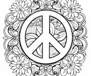 Coloriage Signe da la paix au centre d'un bouquet de fleur