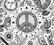 Coloriage Signe de la paix au centre avec des oiseaux et le soleil