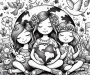 Coloriage Trois filles tenant la terre pour la paix