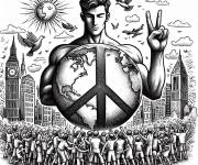 Coloriage Un homme derri&egrave;re la terre en forme de symbole de paix