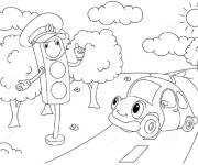 Coloriage Feux de signalisation avec une voiture avec visage