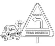 Coloriage Panneau danger, virage dangereux