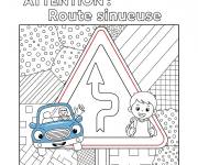 Coloriage Panneau de signalisation attention, route sinueuse