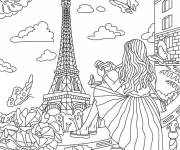 Coloriage Fille touriste passe par les rue de Paris et prend des photos
