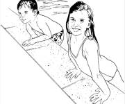 Coloriage Deux enfants sortant de la piscine