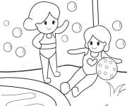 Coloriage Deux filles kawaii pr&egrave;s d'une piscine