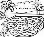 Coloriage Enfants de dessin anim&eacute; sur une piscine pr&egrave;s de la plage