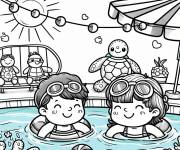 Coloriage et dessins gratuit Enfants et tortues magiques dans la piscine à imprimer