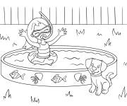 Coloriage Fille avec son chien dans une piscine