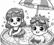 Coloriage et dessins gratuit Gar&ccedil;on et fille kawaii s'amusent dans la piscine à imprimer