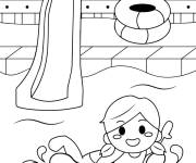 Coloriage La piscine et la petite fille apprenant à nager