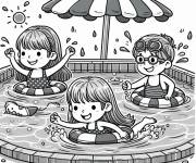Coloriage La piscine et trois enfants