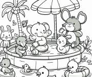 Coloriage Les animaux magique dans une piscine gonflable