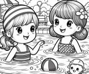 Coloriage Les deux s&oelig;urs en nageant dans une petite piscine gonflable