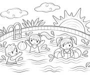 Coloriage Les enfants en jouant avec le ballon dans la piscine