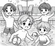 Coloriage Les gar&ccedil;ons jouent dans la piscine