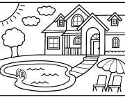 Coloriage Maison avec une belle piscine pour enfants