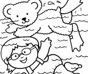 Coloriage Ours en peluche et fille dans la piscine