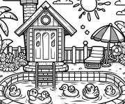 Coloriage Paysage d'une petite maison avec piscine dessin gs