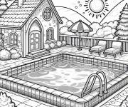 Coloriage Petite maison sur une montagne avec une piscine