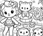 Coloriage Piscine et fille avec son chat mignon