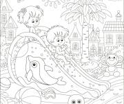 Coloriage Piscine et les petits enfants en glissant toboggan