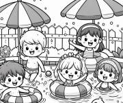 Coloriage Plusieurs enfants s'amusent pendant juillet dans la piscine