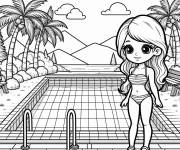 Coloriage Une petite fille kawaii debout devant une piscine