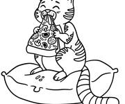 Coloriage Chat heureux en mangeant une tranche de pizza