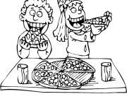 Coloriage Les enfants mangent la pizza pendant la f&ecirc;te