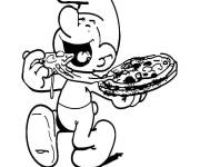 Coloriage Stroumpf mange un morceau de pizza