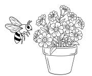 Coloriage Abeille devant un pot de fleurs