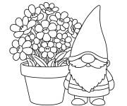 Coloriage Gnome pr&eacute;s d'un pot de fleurs