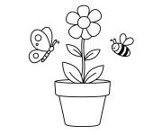 Coloriage Pot avec une fleur avec des papillons et des abeilles
