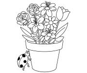 Coloriage Pot des fleurs avec une coccinelle