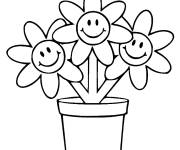 Coloriage Trois marguerites souriantes dans un pot de fleur